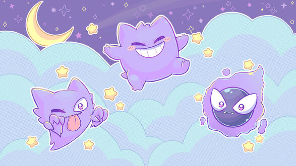Обои на рабочий стол Гастли / Gastly, Gengar / Генгар и Haunter / Хаунтер из аниме Покемоны / Pokemon