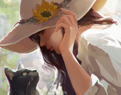 Обои на рабочий стол Девушка в шляпе с цветком смотрит на черную кошку, by chibi-oneechan