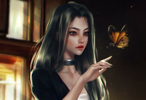 Обои на рабочий стол Девушка держит руку перед бабочкой, by Alekseeva Maria