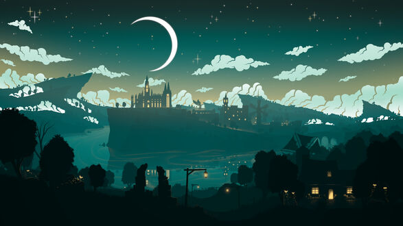 Обои на рабочий стол Луна над замком / Moon over Monstadt, digital art by Sevenics