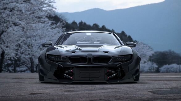 Обои на рабочий стол Черный BMW I8 в тюнинге, на фоне гор и белых деревьев