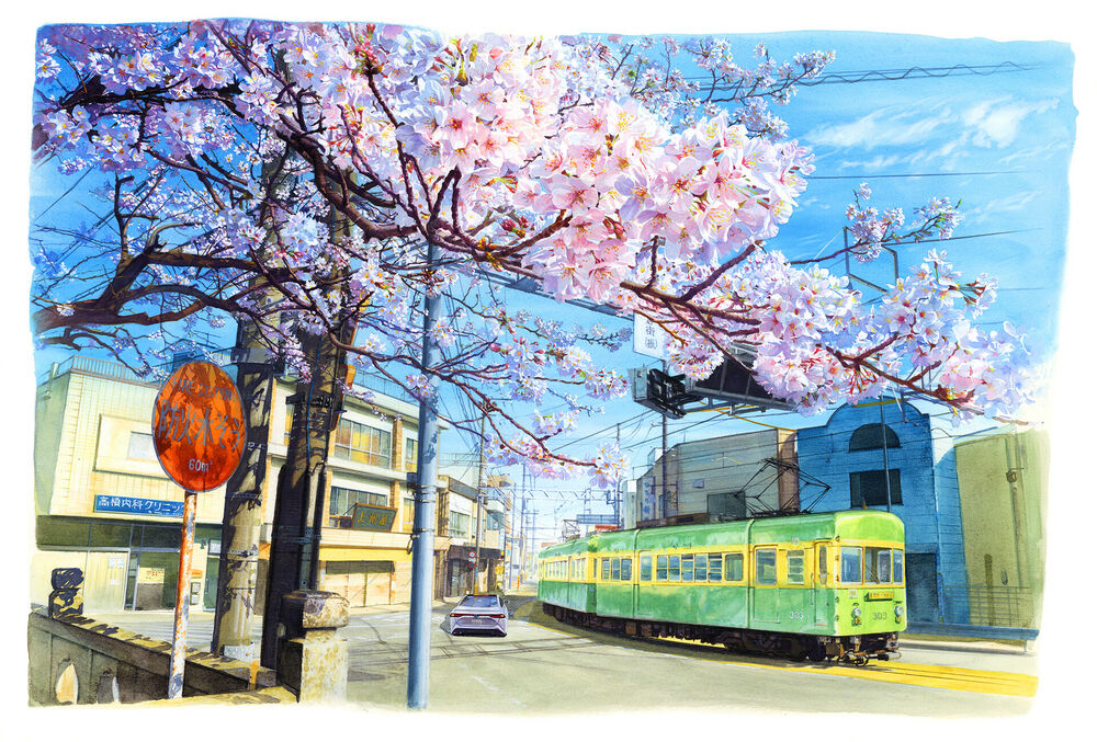 Обои для рабочего стола Зеленый трамвай едет по городской улице на фоне цветущей сакуры, by Kita Hideaki