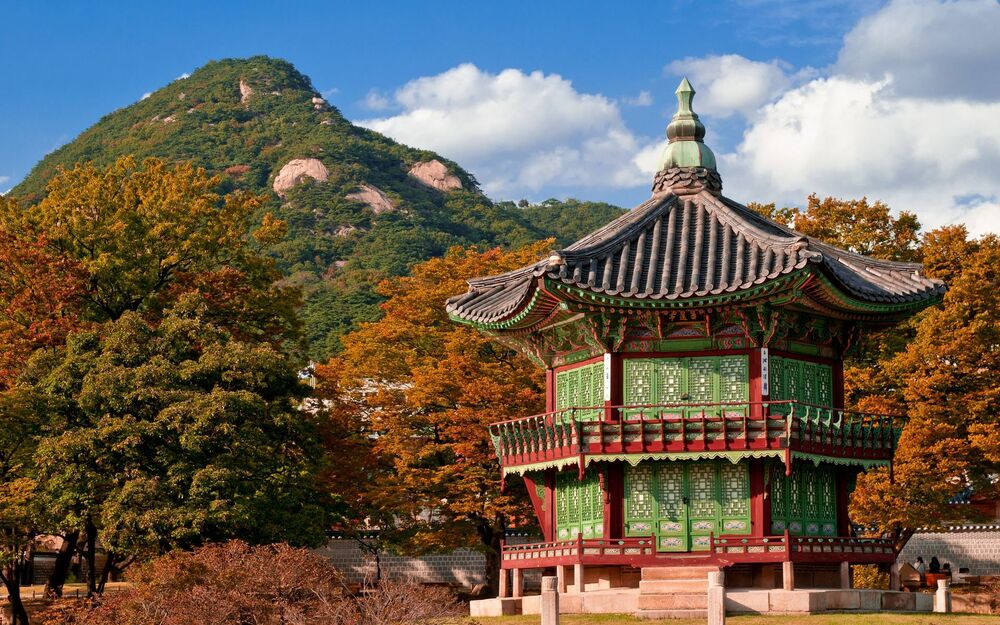 Обои для рабочего стола Кенбоккун, Корея дворец осенью