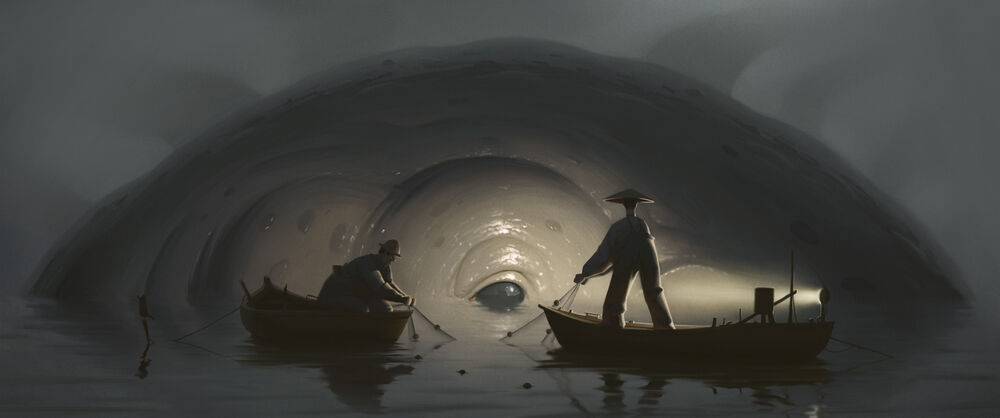 Обои для рабочего стола Морское чудище наблюдает за рыбаками в лодках, фэнтези арт by Stefan Hansson