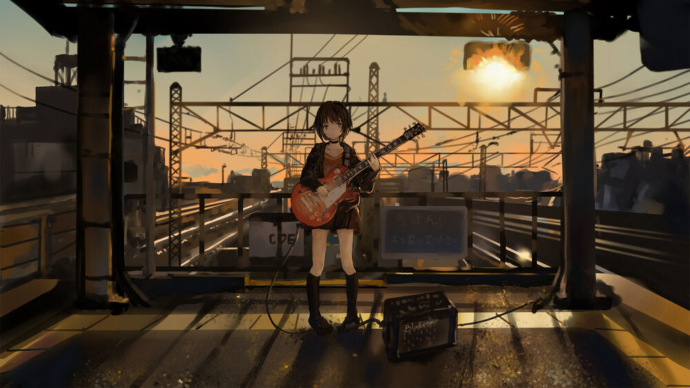 Обои для рабочего стола Девушка с гитарой стоит на железнодорожной платформе в лучах закатного солнца, by Fan Zhen