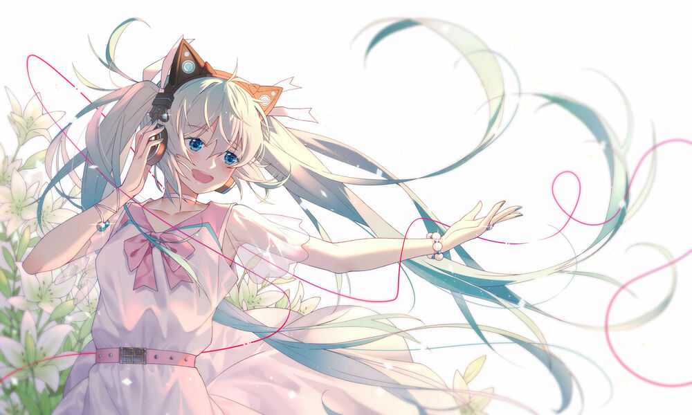 Обои для рабочего стола Vocaloid Hatsune Miku / Вокалоид Хатсунэ Мику слушает музыку в наушниках, art by Ginklaga