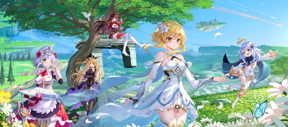Обои для рабочего стола Noelle, Fischl, Amber, Lumine и Paimon персонажи из компьютерной игры Genshin Impact, art by Swordsouls