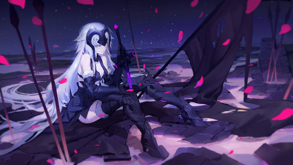 Обои для рабочего стола Jeanne dArc (Jeanne dArc Alter) / Жанна д’Арк сидит на поле боя ехидно ухмыляясь, персонаж из игры и аниме Fate / Grand Order / Судьба: Великий Приказ, art by Gods