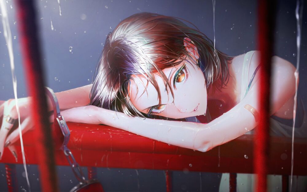 Обои для рабочего стола Девушка пристегнута наручниками к красному металлическому перилу, оригинальная работа by Nababa