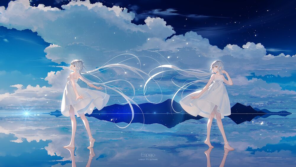 Обои для рабочего стола Vocaloid Luo Tianyi / Вокалоид Луо Тяньи стоит на зеркальной поверхности на которой отображаются небеса, art by Tidsean