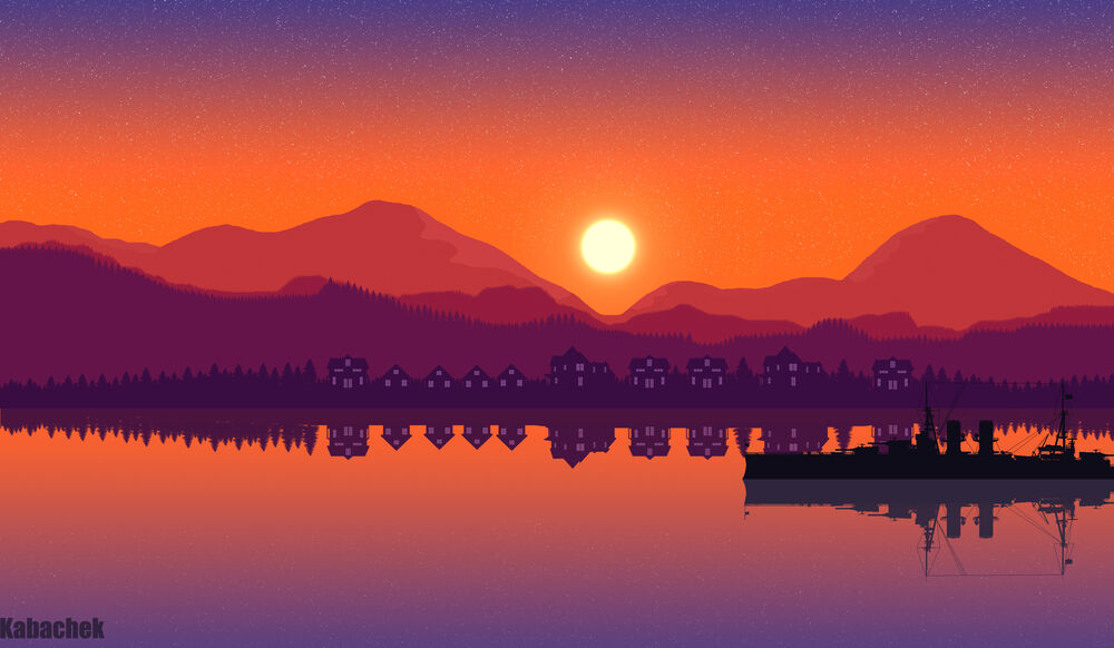 Обои для рабочего стола Корабль идущий по озеру на фоне заката солнца, by Kabachek