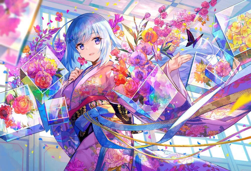 Обои для рабочего стола Emori Miku в красивом кимоно, вокруг нее летают прозрачные кубы внутри которых разнообразные цветы, виртуальный ютубер Emori Miku Project, art by Fuji Choko