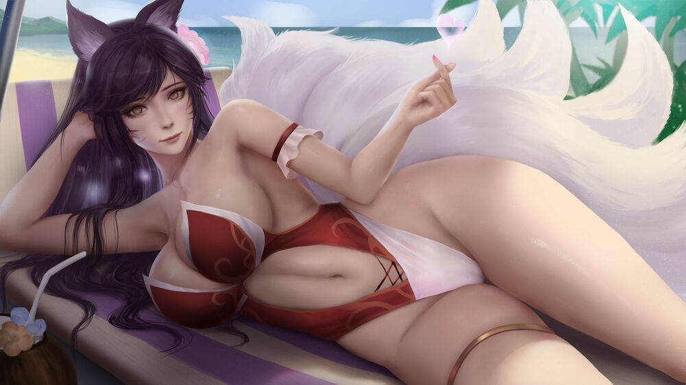 Обои для рабочего стола Ahri / Ари в купальнике лежит на шезлонге, персонаж из игры League of Legends / Лига Легенд, art by Windwalker