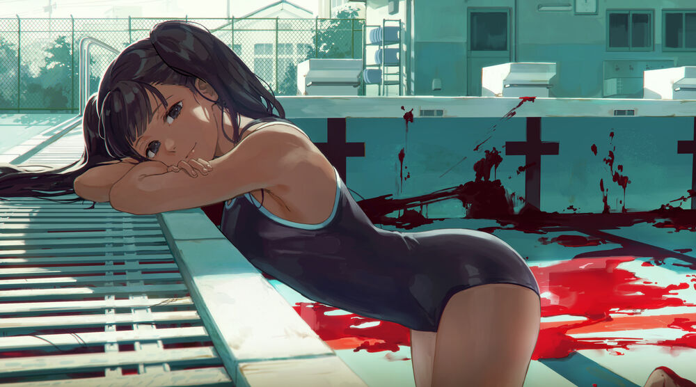 Обои для рабочего стола Девушка в бассейне без воды с кровью на стенах, оригинальный аниме персонаж by Kotatiyu