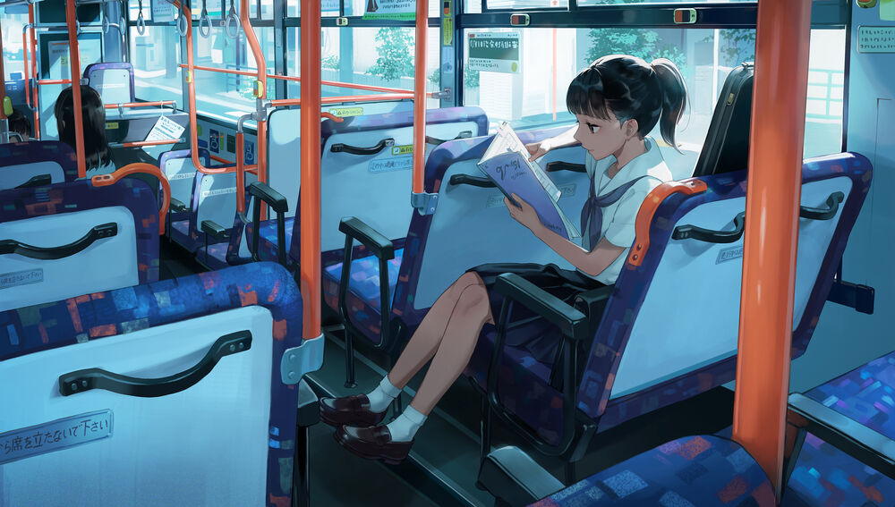 Обои для рабочего стола Девушка-школьница сидит в кресле школьного автобуса, оригинальный аниме персонаж by Kotatiyu