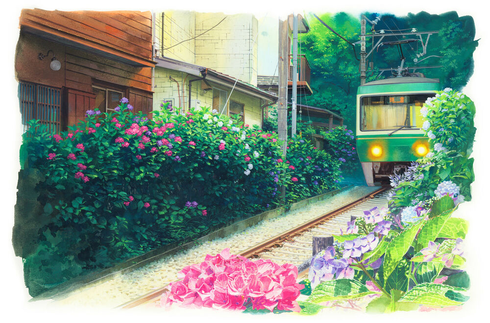 Обои для рабочего стола Трамвай едет по рельсам между цветущей гортензией, by Kita Hideaki
