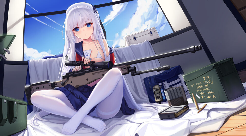 Обои для рабочего стола Девушка с голубыми глазами сидит возле окна держа в руках снайперскую винтовку, by Miyuki