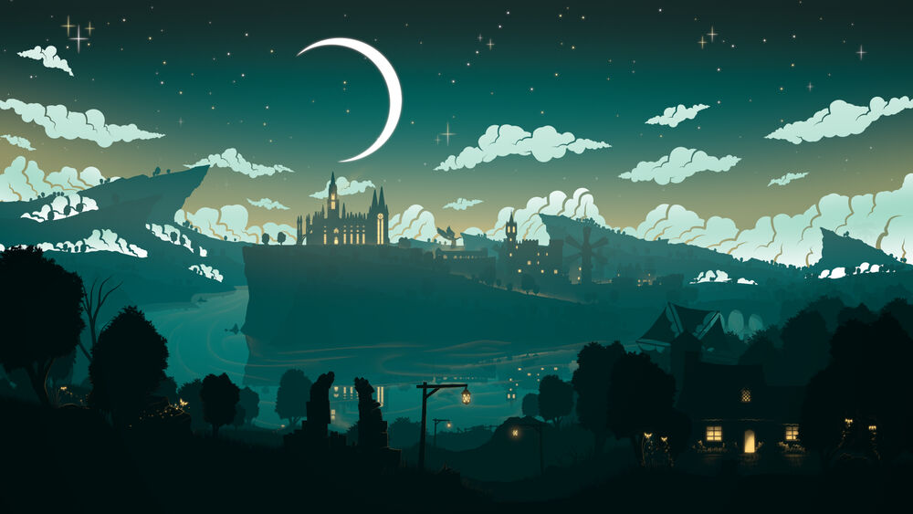 Обои для рабочего стола Луна над замком / Moon over Monstadt, digital art by Sevenics