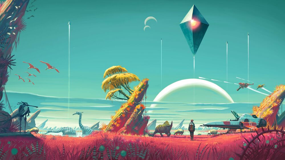 Обои для рабочего стола Пейзаж компьютерной игры - No Mans Sky (Hello Games) - розовая трава и желтые деревья
