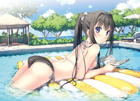 Обои на рабочий стол Ayase Sayuki / Саюки Аясе в купальнике, читает книгу лежа на надувном матрасе в бассейне, из игры визуальной новеллы Your Diary / Твой Дневник, art by Kantoku
