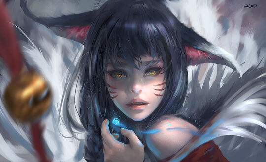 Обои на рабочий стол Ари / Ahri из игры Лига Легенд / League of Legends, art by wlop