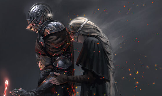 Обои на рабочий стол Арт к видеоигре Dark Souls 3 / Темные души 3, Девушка обнимает рыцаря, by wlop / Wang Ling
