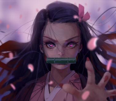 Обои на рабочий стол Kamado Nezuko / Нэдзуко Камадо из аниме Kimetsu no Yaiba / Клинок, рассекающий демонов, by wlop