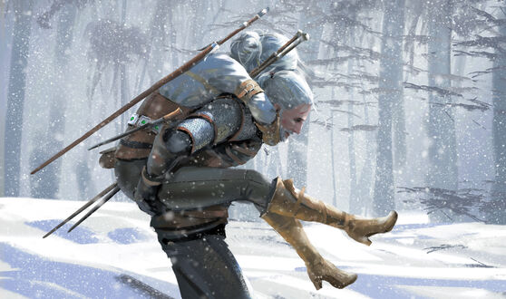 Обои на рабочий стол Геральд из Ривии / Geralt of Rivia несет на спине Ciri / Сирилла, видеоигра Ведьмак 3 / Дикая охота / The Witcher 3 / Wild hunt, by WLOP