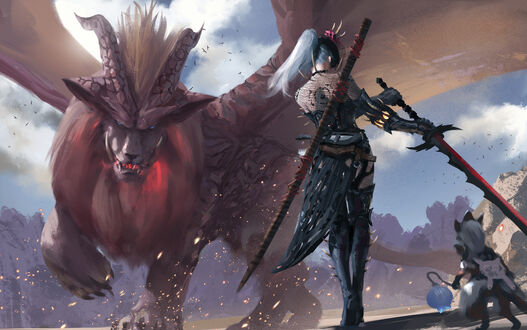 Обои на рабочий стол Девушка Teostra из видеоигры Monster Hunter / Монстр Охотник, фэнтези арт by Wang Long / WLOP