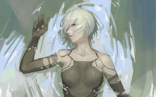 Обои на рабочий стол YoRHa Type A No. 2 из игры NieR: Automata лежит в воде