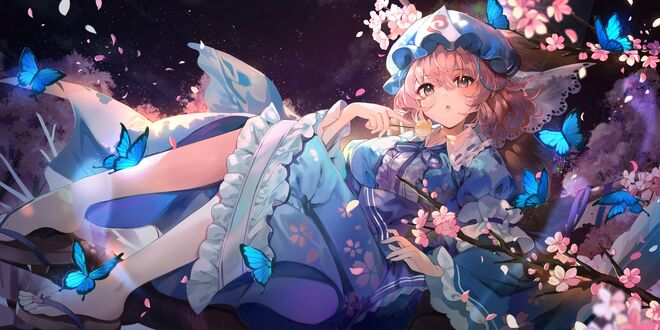 Обои на рабочий стол Yuyuko Saigyouji / Ююко Сайгедзи сидит на ветвях цветущей сакуры, персонаж из серии компьютерных игр Touhou Project / Проект «Восток», art by Elise (piclic)