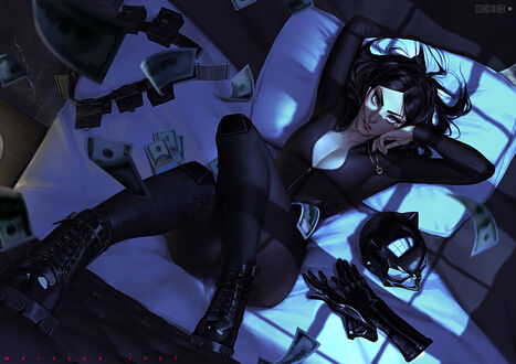 Обои на рабочий стол Catwoman / Женщина-кошка лежин на кровати, персонаж из DC Comics, by Malveda