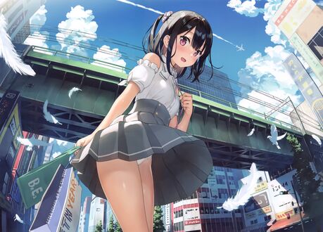Обои на рабочий стол Shizuku / Шизуку с пакетами в руке стоит на фоне моста и городских высоток, оригинальный персонаж by Kantoku