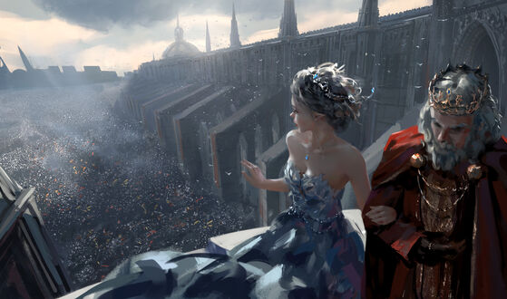 Обои на рабочий стол Princess Yan (Yan Haiqin) / Принцесса Ян идет под руку с королем приветствуя подданных собравшихся на площади у стен замка, персонаж из веб комикса Ghost Blade / Призрачный клинок, art by WLOP