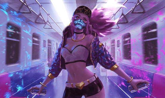 Обои на рабочий стол Akali / Акали в маске с неоновым рисунком стоит в пустом вагоне метро держа в обеих руках баллончики с краской, персонаж из игры League of Legends / Лига легенд, art by WLOP