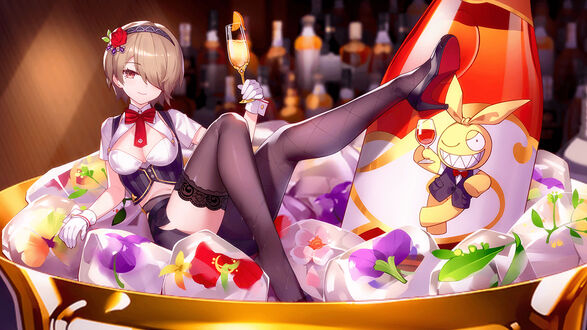 Обои на рабочий стол Rita Rossweisse / Рита Россвайс и Homu / Хому из игры Houkai Gakuen в ведерке со льдом, by miHoYo