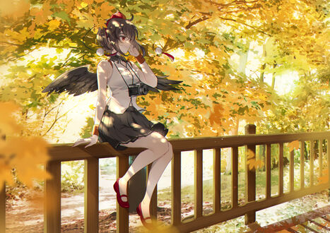 Обои на рабочий стол Ая Шамеймару / Aya Shameimaru из игры Тохо / Проект Восток / Touhou Project сидит на заборе