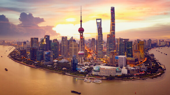 Обои на рабочий стол Панорама города Шанхай, Китай / Shanghai, China на восходе