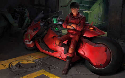 Обои на рабочий стол Shotaro Kaneda, персонаж из аниме Akira / Акира сидит на красном мотоцикле, by John Wallin Liberto