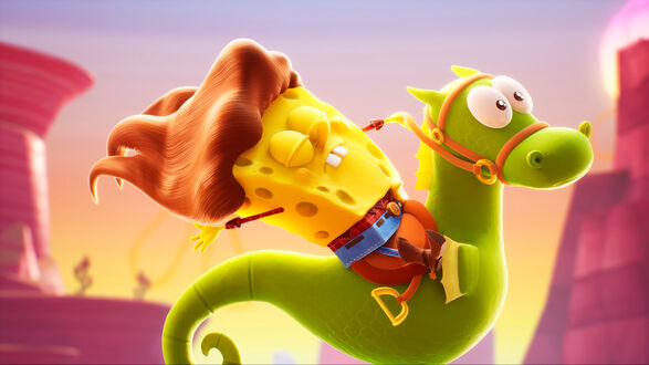 Обои Губка Боб / Sponge Bob, персонаж из видеоигры Губка Боб Квадратные Штаны / Sponge Bob Square Pants: The Cosmic Shake, верхом на морском коньке мчится на встречу новым приключениям