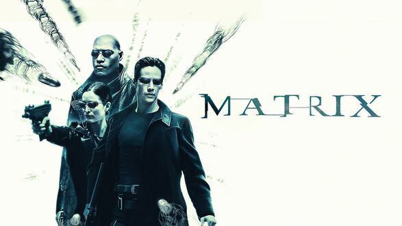 Обои на рабочий стол Актеры Keanu Reeves / Киану Ривз в роли Neo / Нео, Carrie-Anne Moss, Laurence Fishburne из трилогии фильма Matrix / Матрица