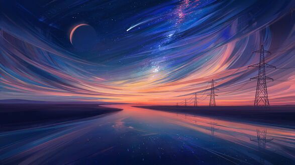 Обои на рабочий стол Река на фоне вечернего неба, digital art by Alena Aenami