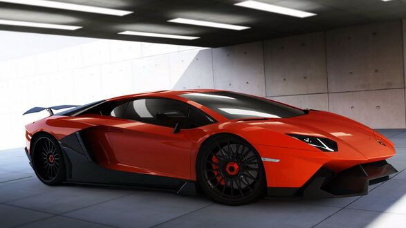 Обои на рабочий стол Красный Lamborghini Aventador красный стоит на парковке вид сбоку