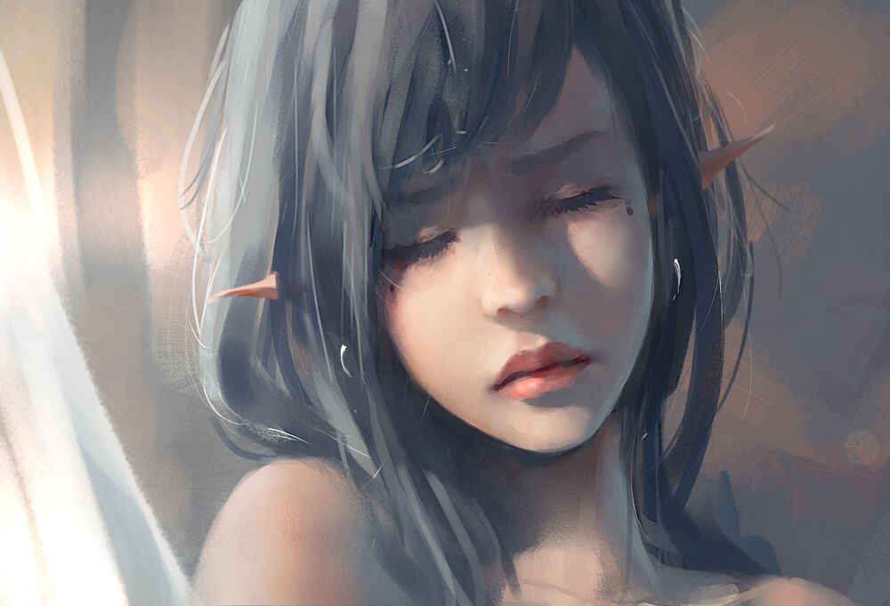 Обои для рабочего стола Девушка-эльф с закрытыми глазами, art by wlop