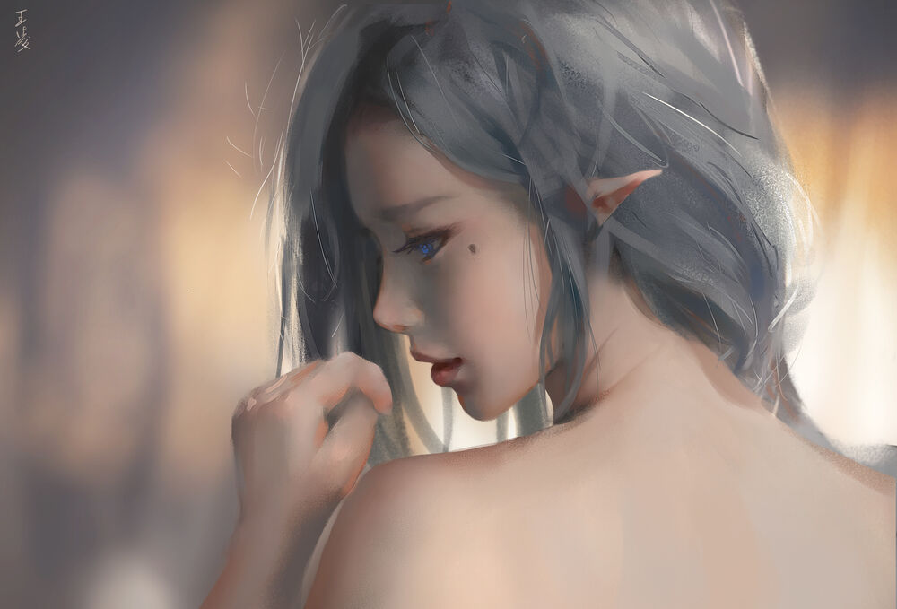 Обои для рабочего стола Эльфийка смотрит в сторону, art by wlop