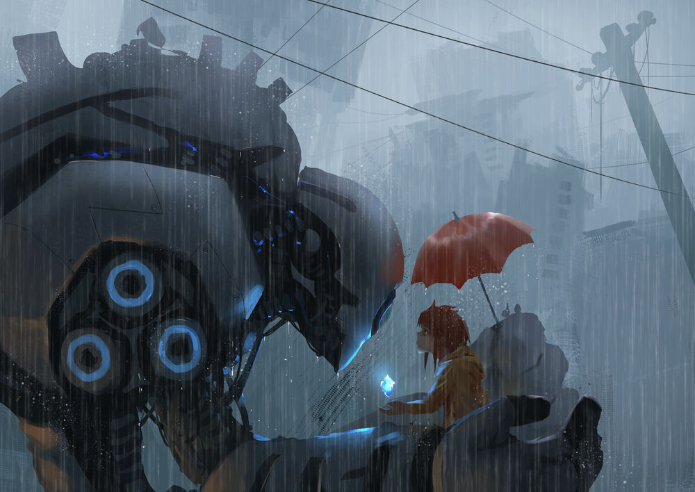 Обои для рабочего стола У робота на ладони сидит девочка с чем-то светящимся в руке, он прикрывает ее зонтом от дождя, art by wlop