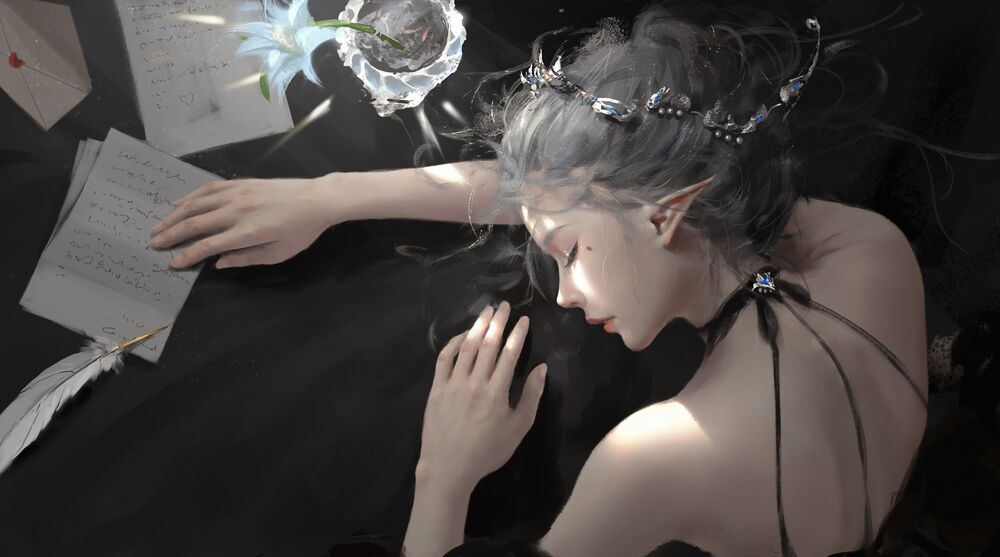 Обои для рабочего стола Princess Yan (Yan Haiqin) / Принцесса Ян уснула за столом, персонаж из веб комикса Ghost Blade / Призрачный клинок, art by WLOP