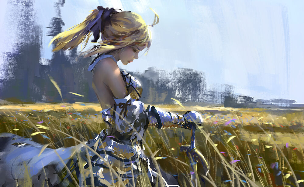 Обои для рабочего стола Saber / Сабер с мечом в руках стоит в поле одна из аниме Fate / stay night / Судьба: Ночь Прибытия, by Wang Ling (Wlop)