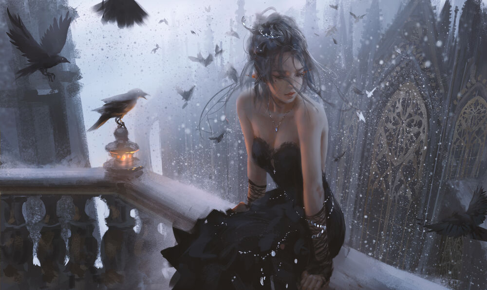 Обои для рабочего стола Принцесса Yan Haiqin из комиксов GhostBlade / Призрачный Клинок сидит на ограждении балкона и вокруг летают вороны, by WLOP / Wang Ling