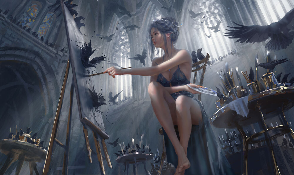 Обои для рабочего стола Princess Yan (Yan Haiqin) / Принцесса Ян сидит за мольбертом держа кисть в одной руке и палитру в другой, персонаж из веб комикса Ghost Blade / Призрачный клинок, by WLOP